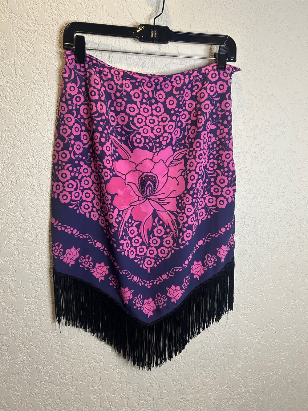 Floral Fringe Pencil Skirt - Pink & Purple